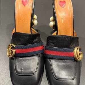 Gucci Black Mules with Red and Blue Stripes